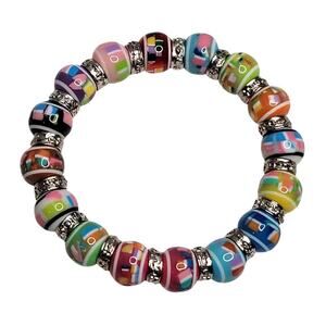 Colorful stretchy‎ bracelet bright multicolor artsy whimsical glass silver beads